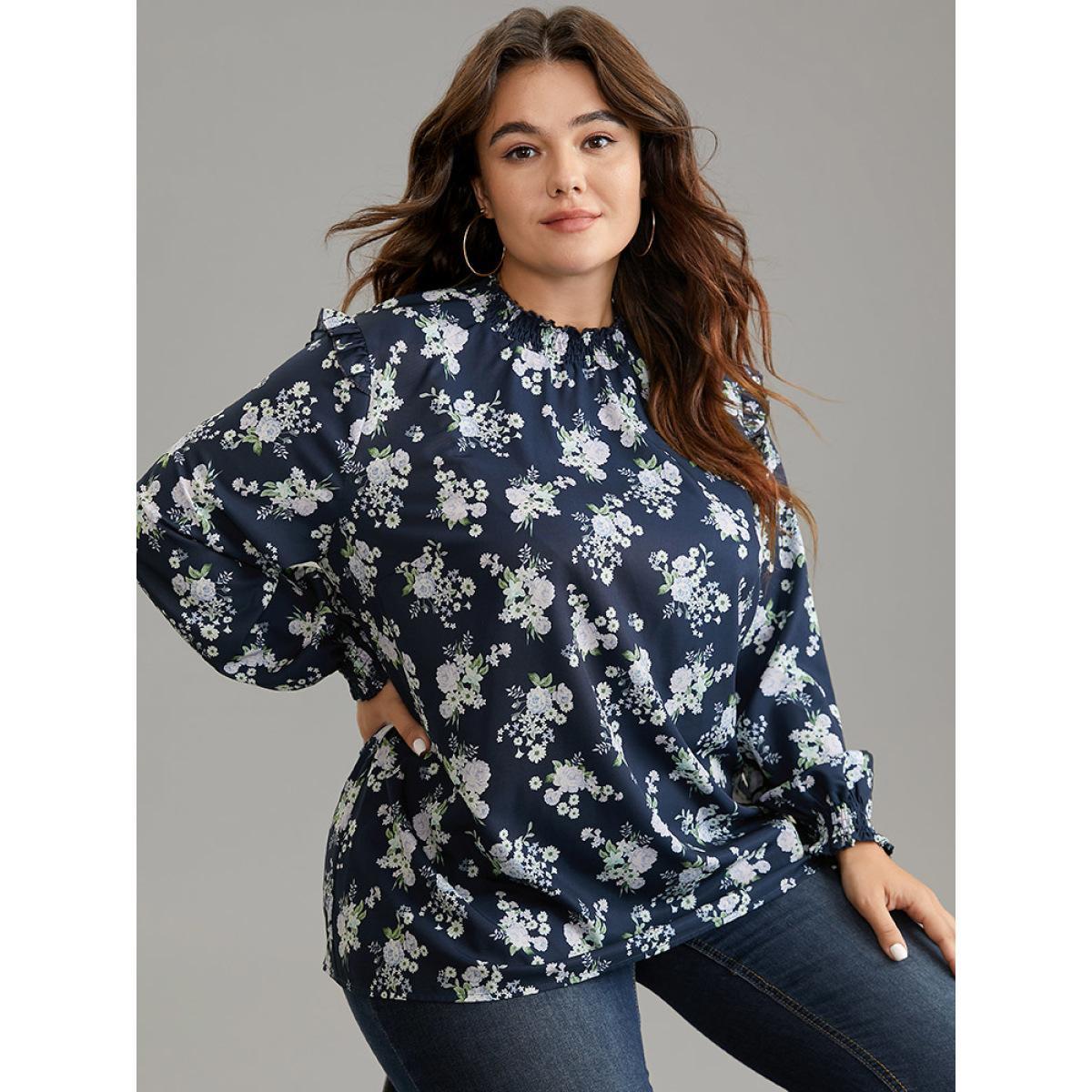 Plus Size Indigo Ruffle Trim Floral Print Shirred Blouse Women Elegant Long Sleeve Mock Neck Work Blouses BloomChic 12/L Product Image