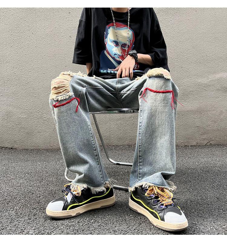 Mid Rise Embroidered Washed Frayed Distressed Loose Fit Jeans Product Image