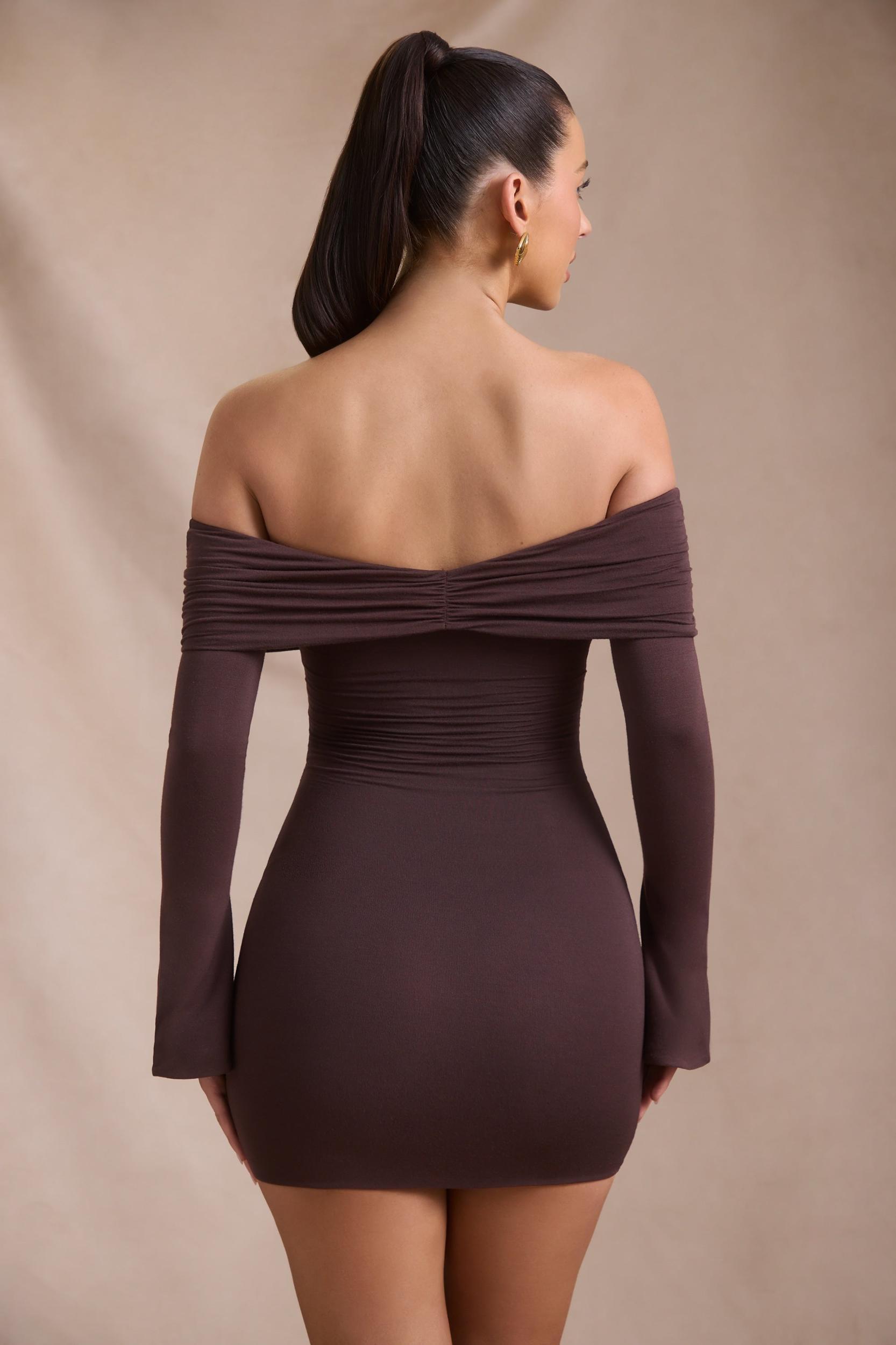 Modal-Cashmere Blend Off-Shoulder Ruched Mini Dress in Espresso Product Image