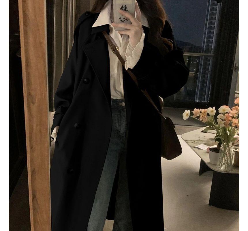Lapel Collar Plain Double Breasted Trench Coat Product Image