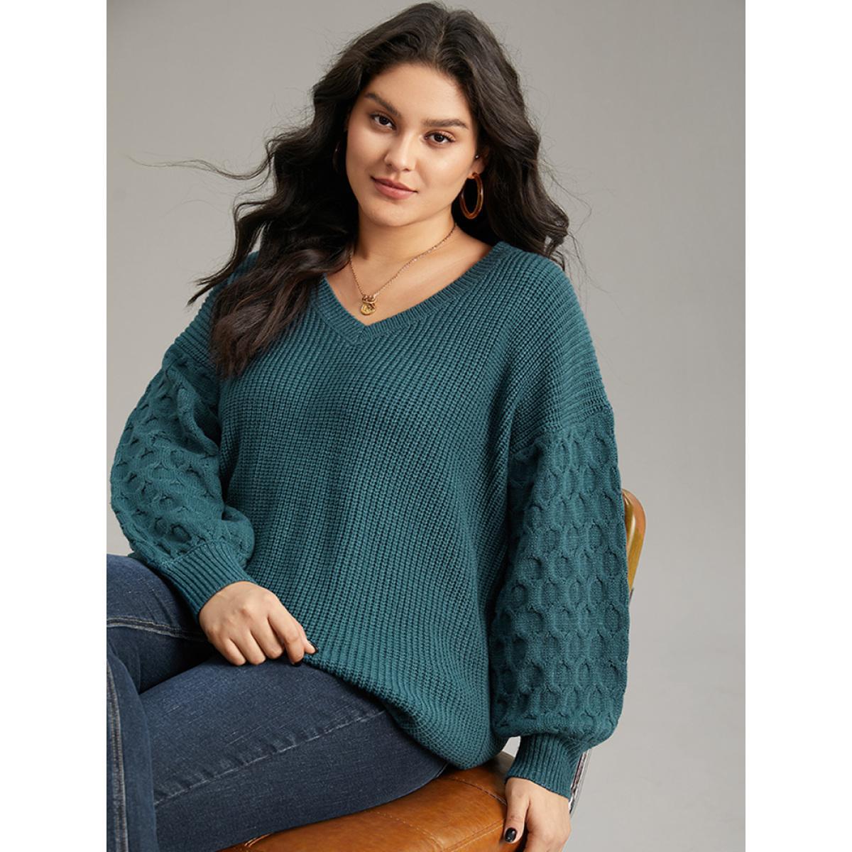 Plus Size Solid Cable Knit V Neck Drop Shoulder Pullover Teal Women Casual Long Sleeve V-neck Everyday Pullovers BloomChic 14-16/1X Product Image