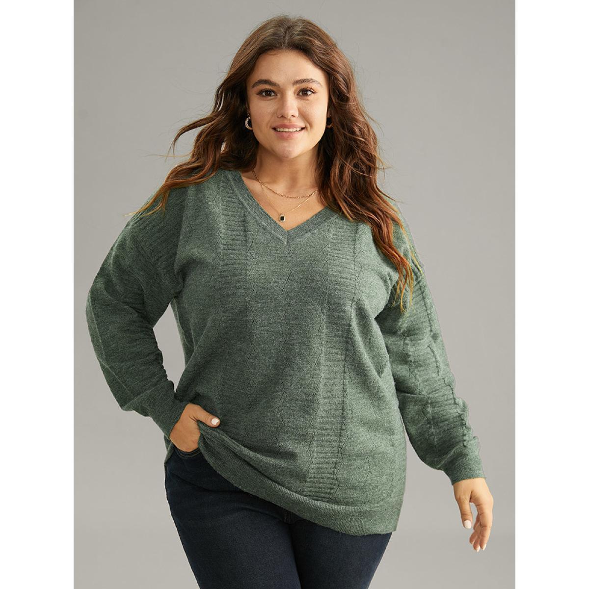 Plus Size Supersoft Essentials Plain Texture V Neck Pullover DarkGreen Women Casual Loose Long Sleeve V-neck Dailywear Pullovers BloomChic 14-16/1X Product Image