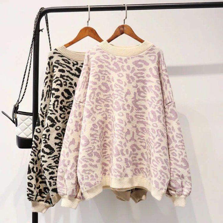 Puff-Sleeve Crew Neck Leopard Print Oversized Sweater Product Image