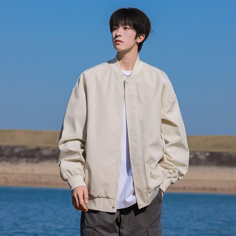 Stand Collar Plain Zip Bomber Jacket Product Image