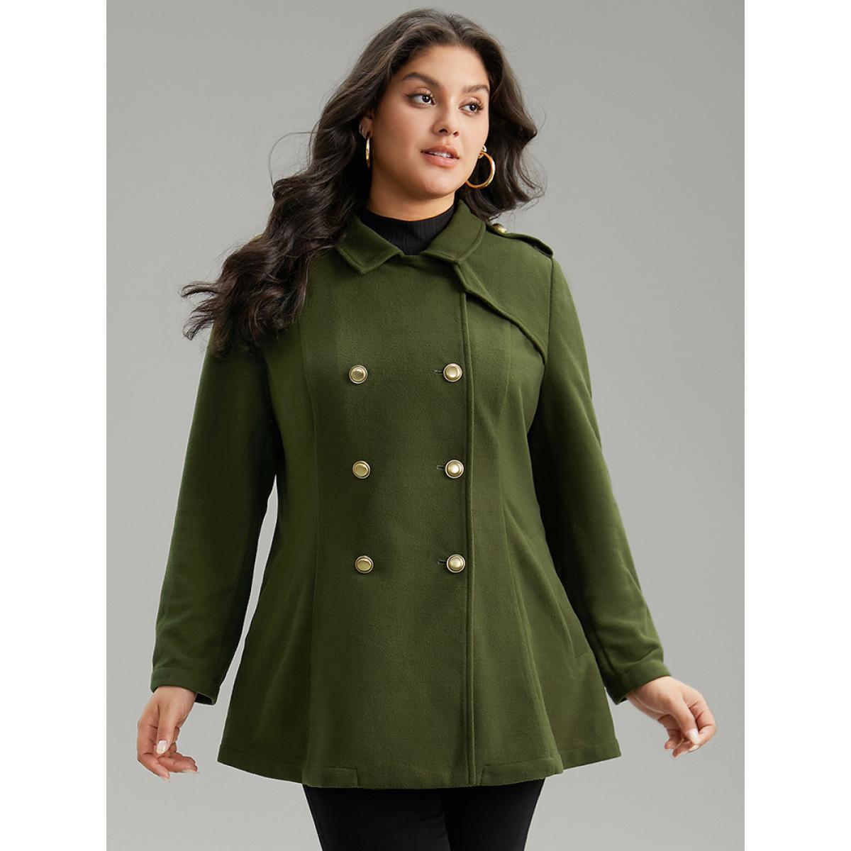 Plus Size Plain Double Breasted Lapel Collar Coat Women ArmyGreen Casual Plain Ladies Dailywear Winter Coats BloomChic 28/5X Product Image