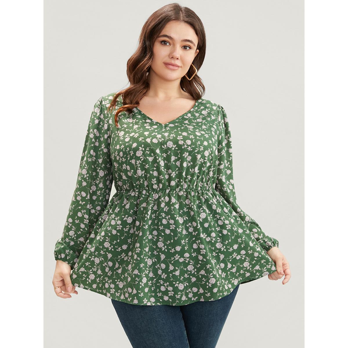 Plus Size Green Ditsy Floral V Neck Lantern Sleeve Blouse Women Elegant Long Sleeve V-neck Dailywear Blouses BloomChic 14-16/1X Product Image