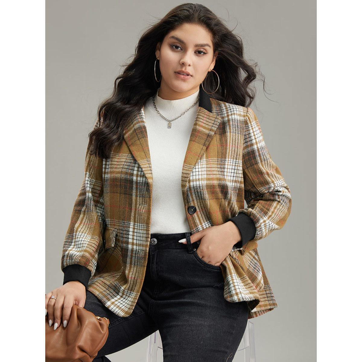Plus Size Lapel Collar Plaid Button Up Blazer Bronze Women Work Plaid Contrast Sleeve Long Sleeve Lapel Collar 14-16/1X Pocket Office Blazers BloomChic Product Image