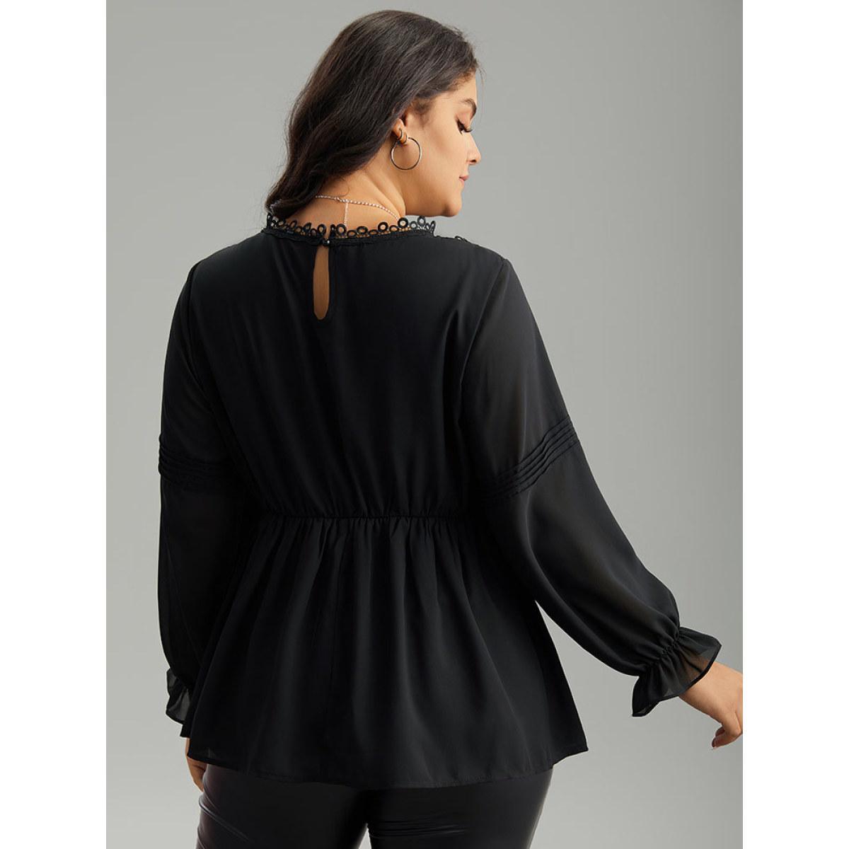 Plus Size Black Plain Ruffles Elastic Waist Lace Patchwork Blouse Women Office Long Sleeve Stand-up collar Work Blouses BloomChic 14-16/1X Product Image