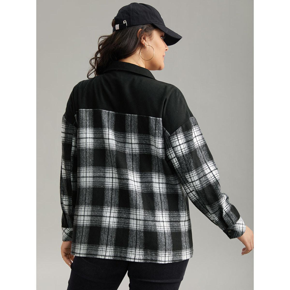 Plus Size Plaid Patchwork Patched Pocket Button Through Shacket Women Black Casual Contrast Ladies Dailywear Winter Coats BloomChic 26/4X Product Image