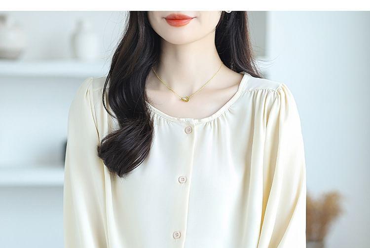 Puff-Sleeve Scoop Neck Plain Blouse Product Image