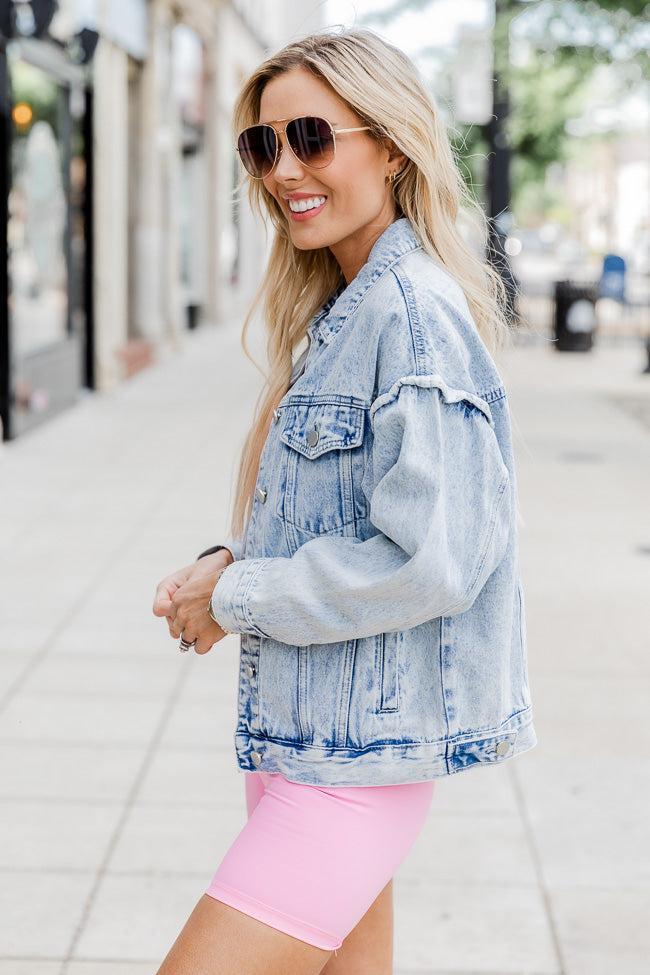 My Love Story Oversized Ruffle Detail Acid Wash Denim Jacket FINAL SALE Product Image