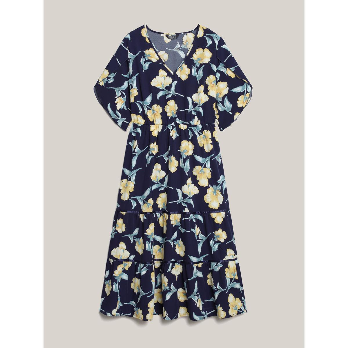 Plus Size Spring Flowers V-Neck Tiered Midi Dress Indigo Women Elegant Overlapping V-neck Half Sleeve Curvy BloomChic 26/4X Product Image