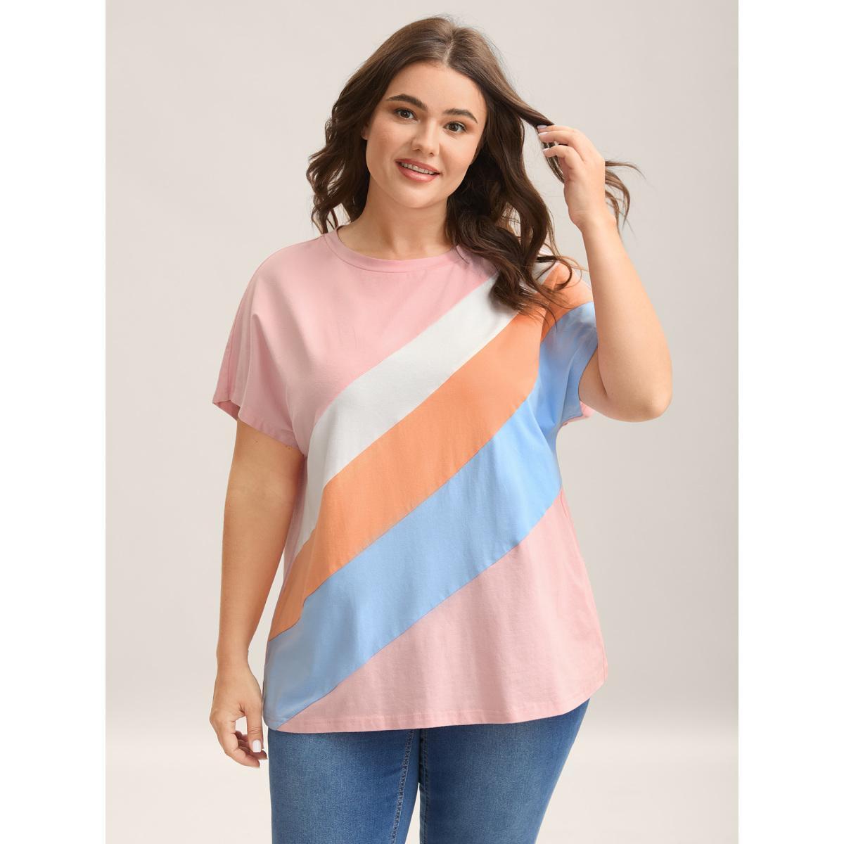 Plus Size Pure Cotton Colorful Stripes T-Shirt Multicolor Women Contrast Round Neck Everyday-Casual T-shirts BloomChic 28/5X Product Image