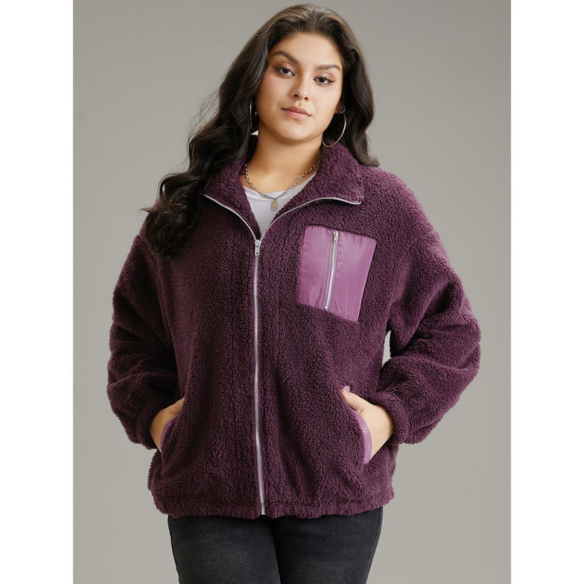 Plus Size Contrast Zipper Pocket Teddy Jacket Women Purple Elastic cuffs Pocket Dailywear Jackets BloomChic 18-20/2X Product Image