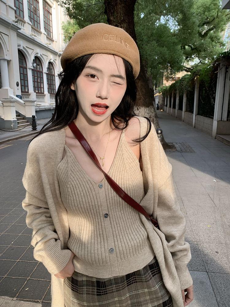 V-Neck Plain Button Accent Knit Crop Camisole Top / Cardigan Product Image