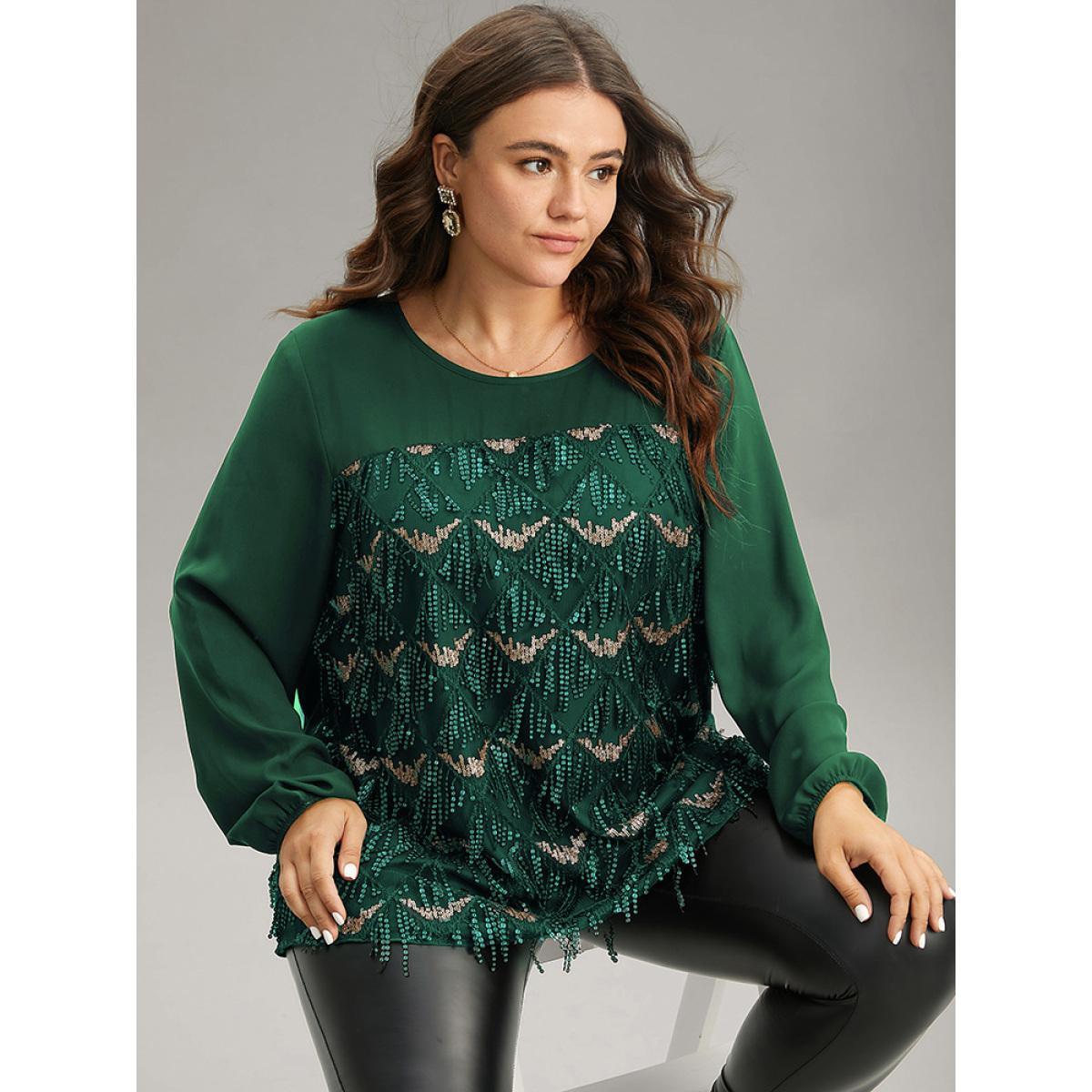 Plus Size DarkGreen Sequin Tassel Trim Patchwork Lantern Sleeve Blouse Women Glamour Long Sleeve Round Neck Party Blouses BloomChic 14-16/1X Product Image