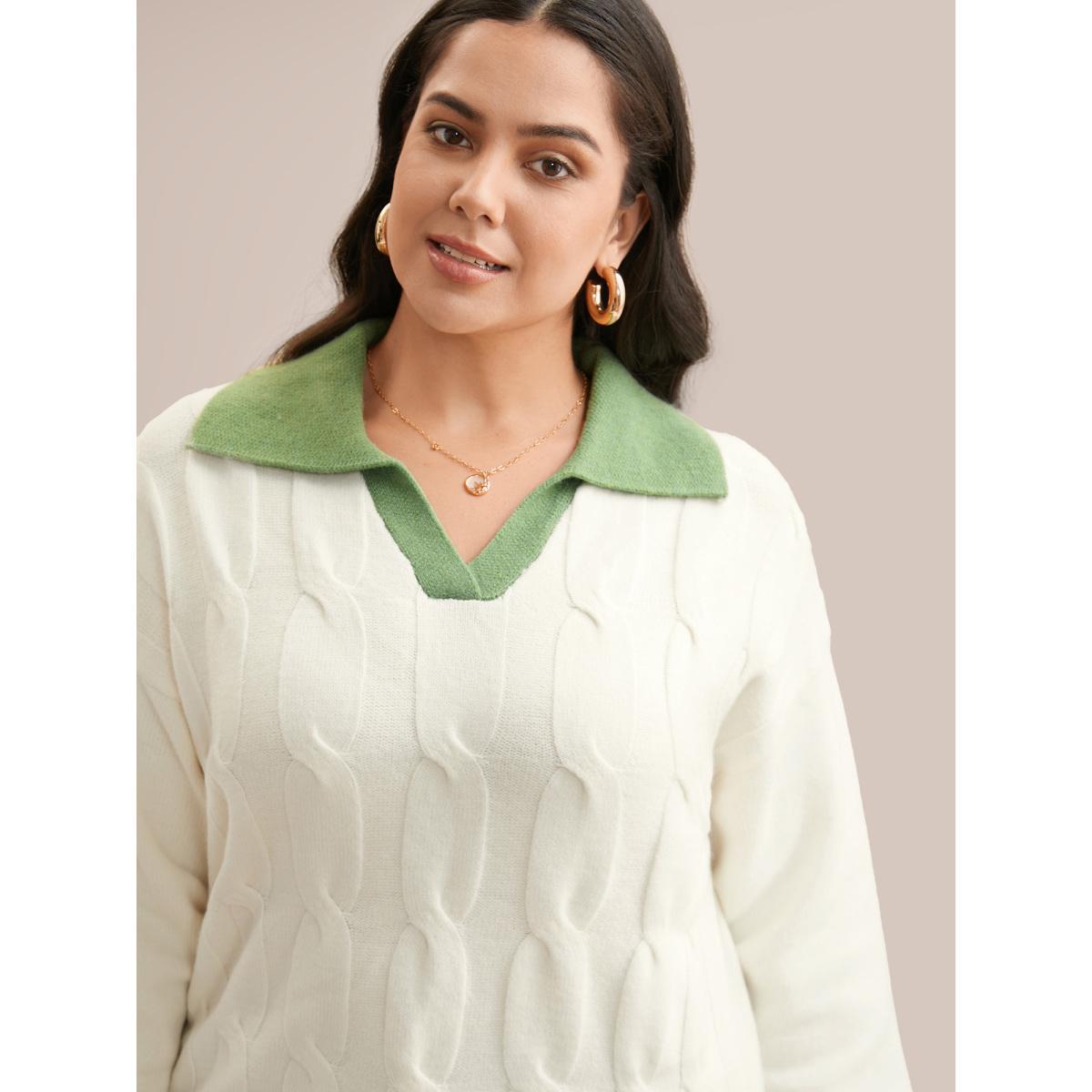 Plus Size Supersoft Essentials Contrast Polo Neck Cable Knit Pullover Beige Women Casual Loose Long Sleeve Polo Everyday Pullovers BloomChic 26/4X Product Image