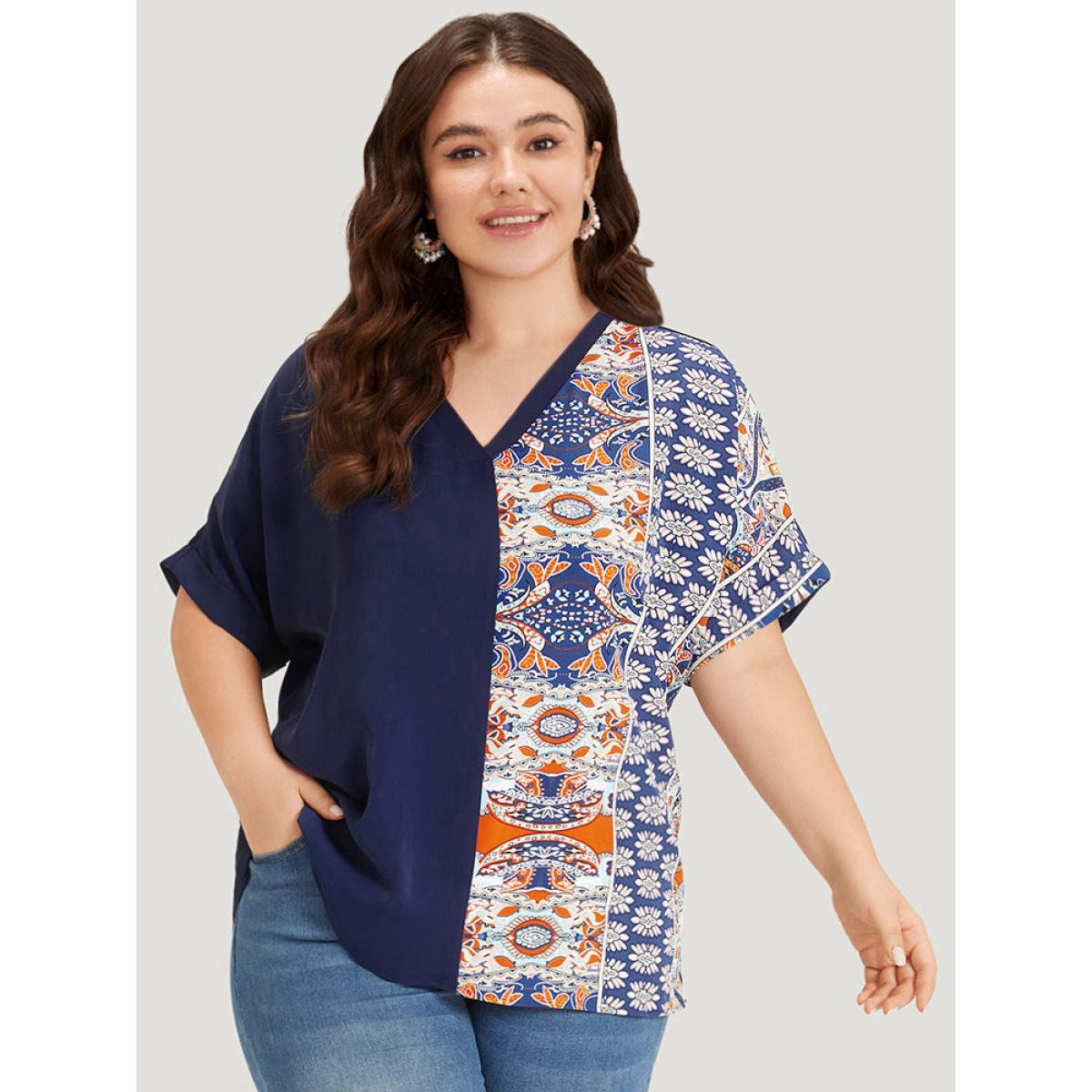 Plus Size Indigo Bandana Print Patchwork Contrast Roll Batwing Sleeve Blouse Women Vacation Short sleeve V-neck Dailywear Blouses BloomChic 26/4X Product Image