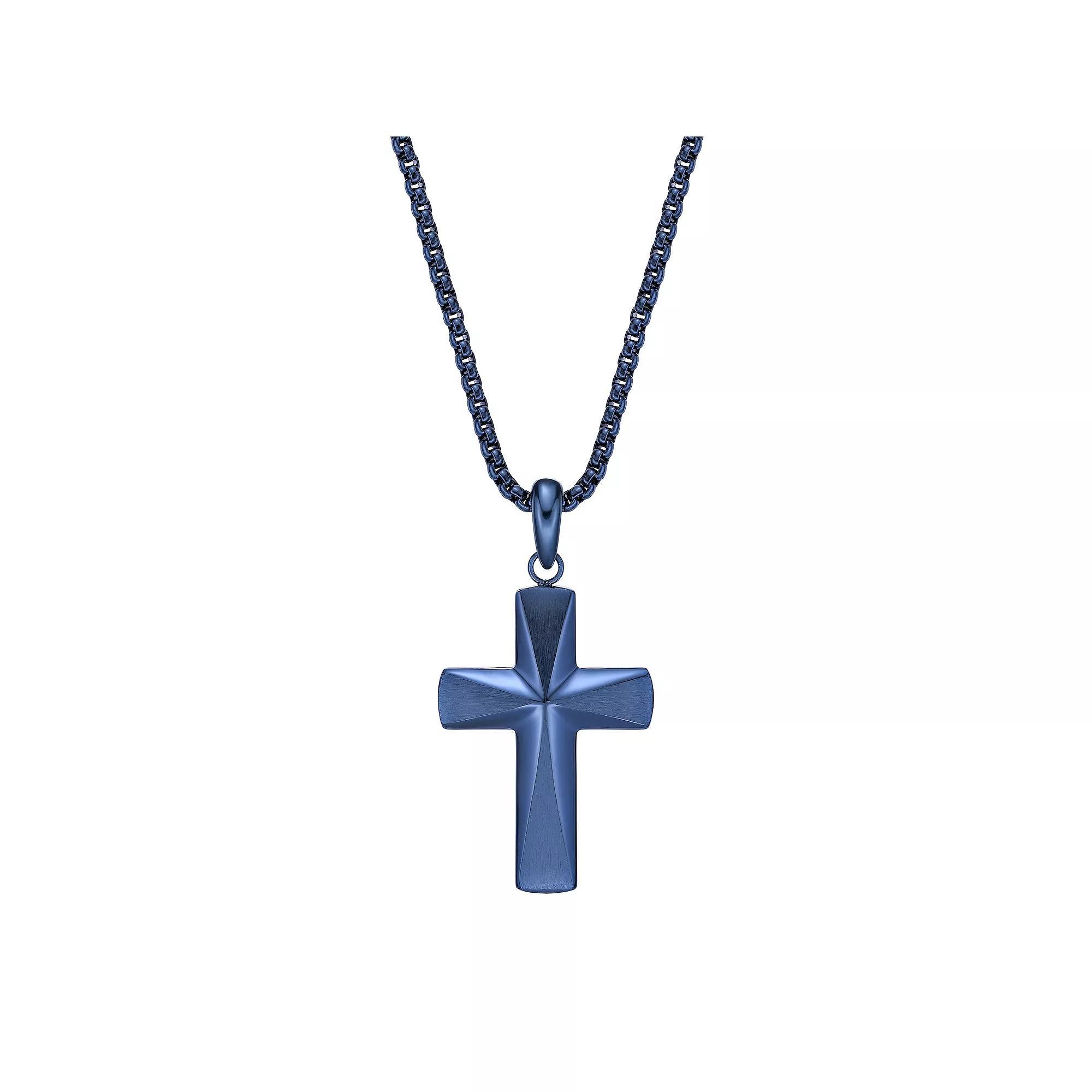 LYNX Mens Blue Ion Plated Stainless Steel Cross Pendant Necklace Product Image