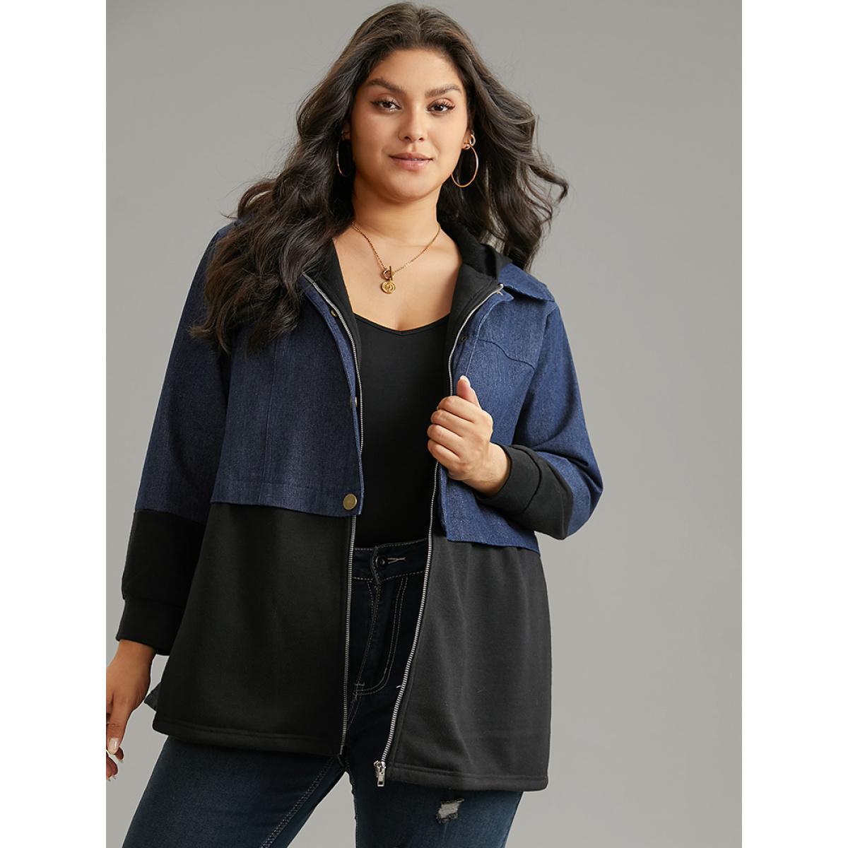 Plus Size Contrast Patchwork Button Up Pocket Zipper Coat Women Black Casual Contrast Ladies Everyday Winter Coats BloomChic 30/6X Product Image