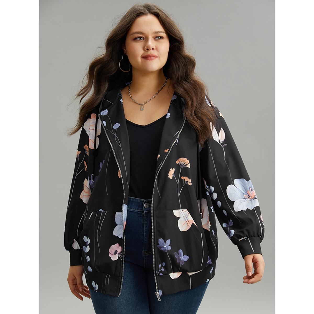 Plus Size Floral Print Zipper Hooded Pocket Windbreaker Women Black Printed Pocket Dailywear Jackets BloomChic 18-20/2X Product Image