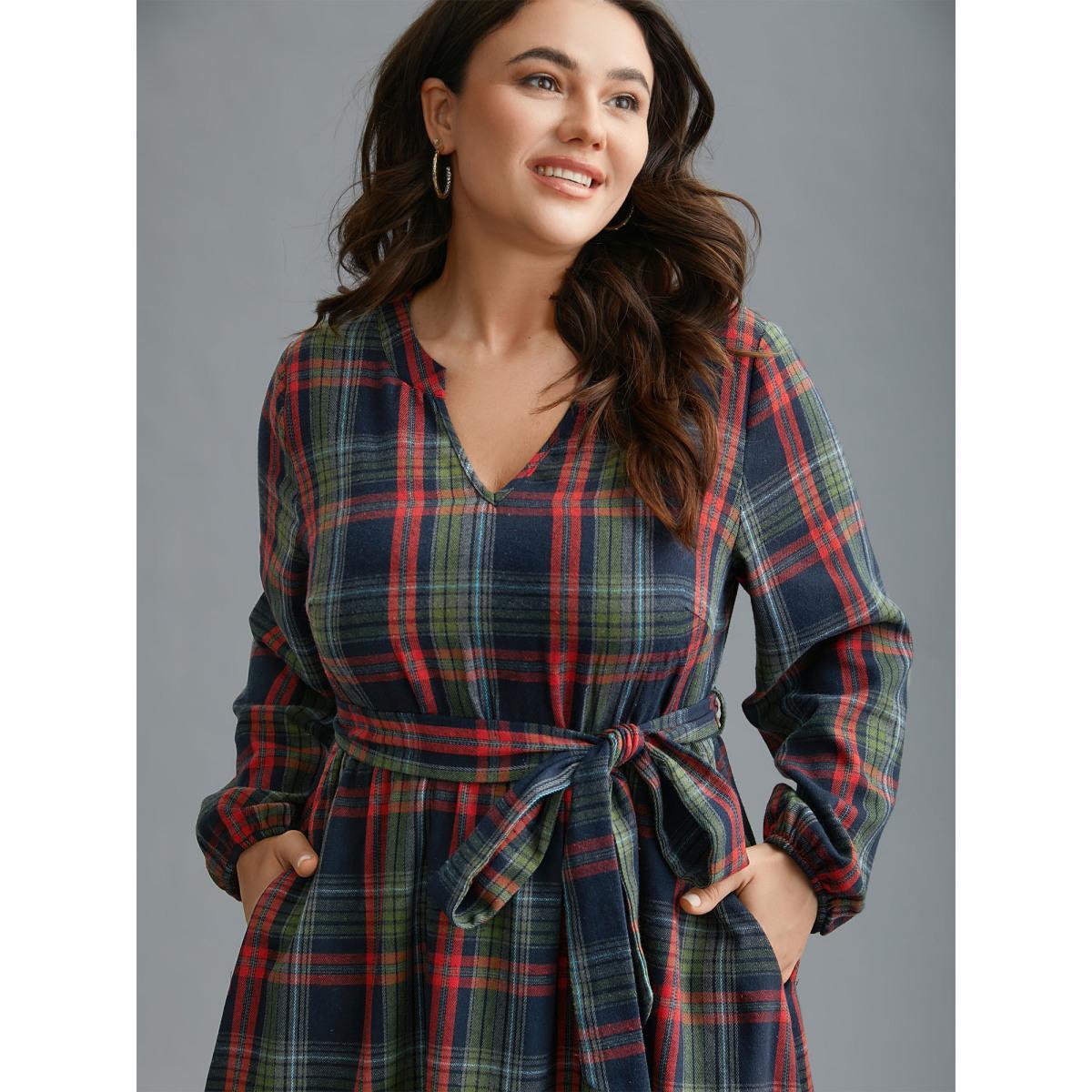 Plus Size Festive Notched Collar Plaid Dress Navy Women Elegant Belted Flat collar with V-notch Long Sleeve Curvy BloomChic 14-16/1X Product Image
