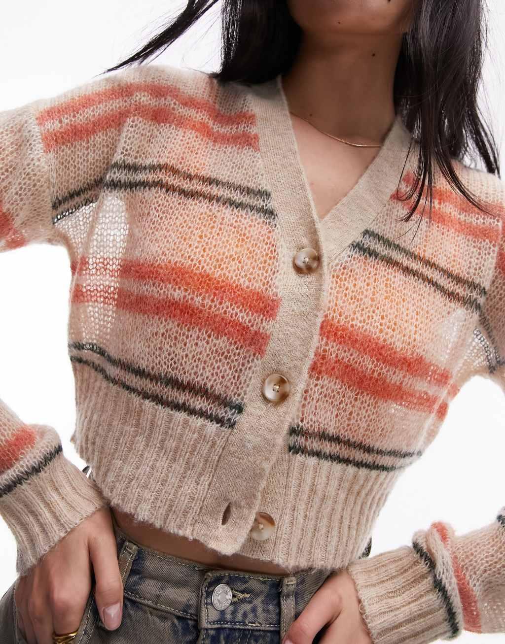 Topshop knitted stripe sheer knit cardigan Product Image