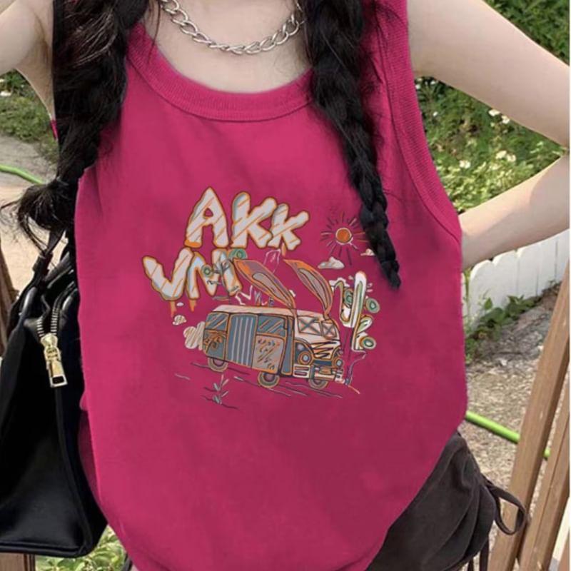 Scoop Neck Cartoon Print Tank Top Product Image
