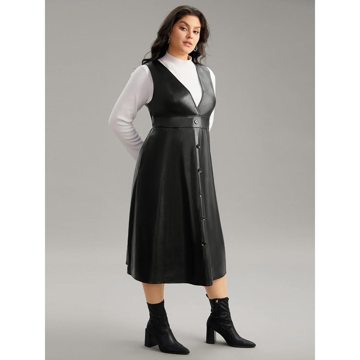 Plus Size PU Leather Sleeveless Button Detail Dress Black Women Office Plain V-neck Sleeveless Curvy Midi Dress BloomChic 18-20/2X Product Image