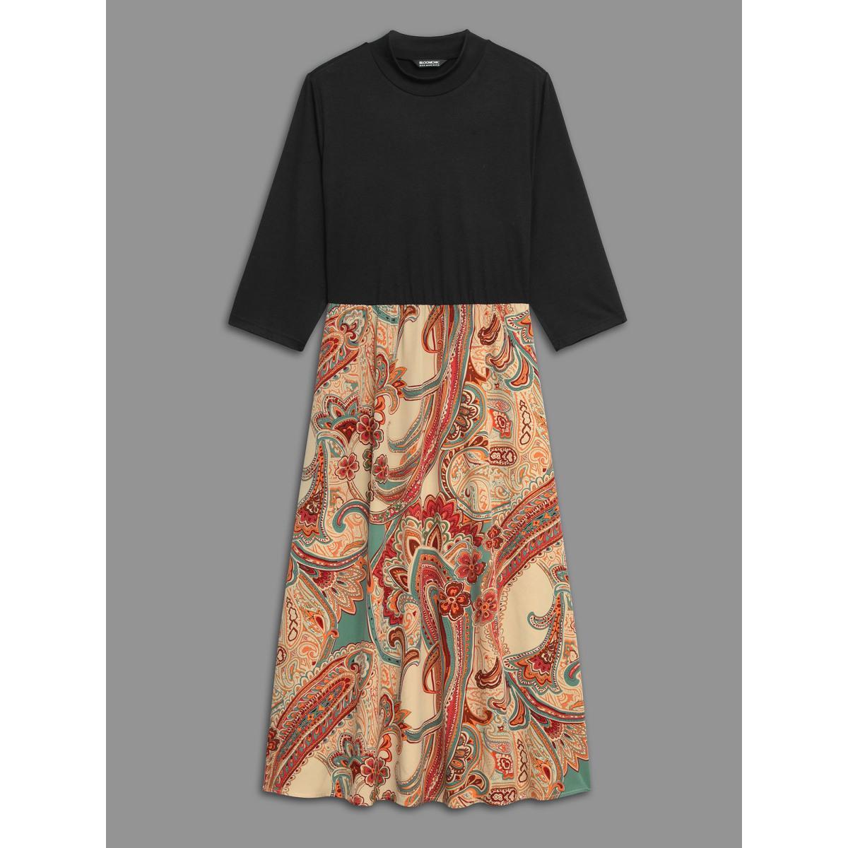 Plus Size Bandana Print Patchwork Elastic Waist Dress Black Women Resort Patchwork Mock Neck Elbow-length sleeve Curvy BloomChic 10/M Product Image