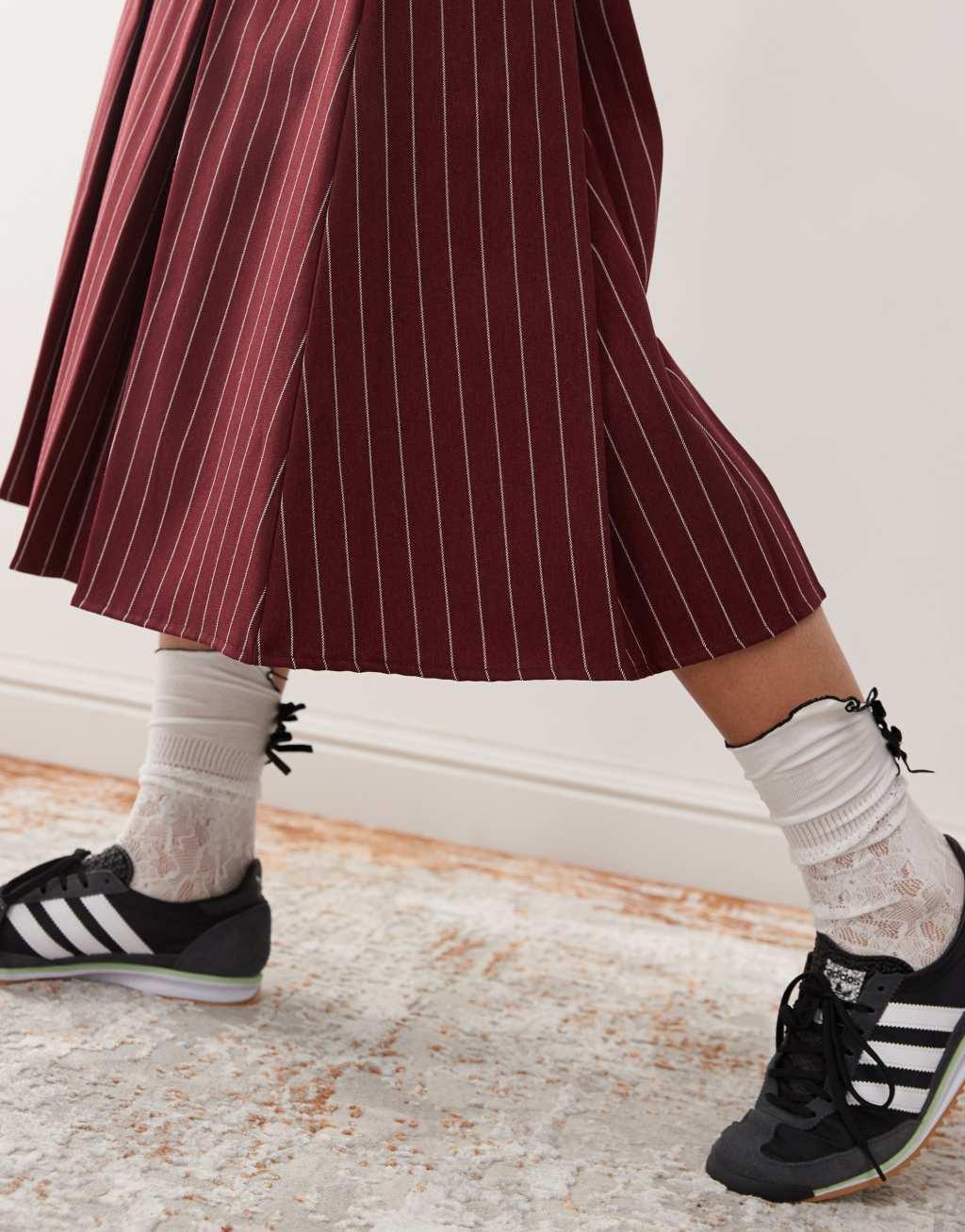 Reclaimed Vintage pleated midi skirt in burgundy pinstripe Product Image