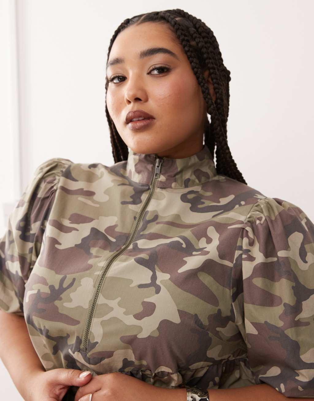 COLLUSION Plus cotton zip mini smock dress in camo print Product Image