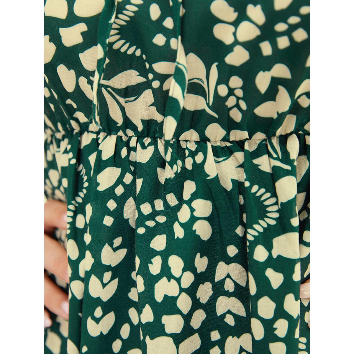 Plus Size Plant & Geometric Batwing Sleeve Pocket Flutter Knot Neck Dress DarkGreen Women Elegant Knotted V-neck Short sleeve Curvy Midi Dress BloomChic 12/L Product Image