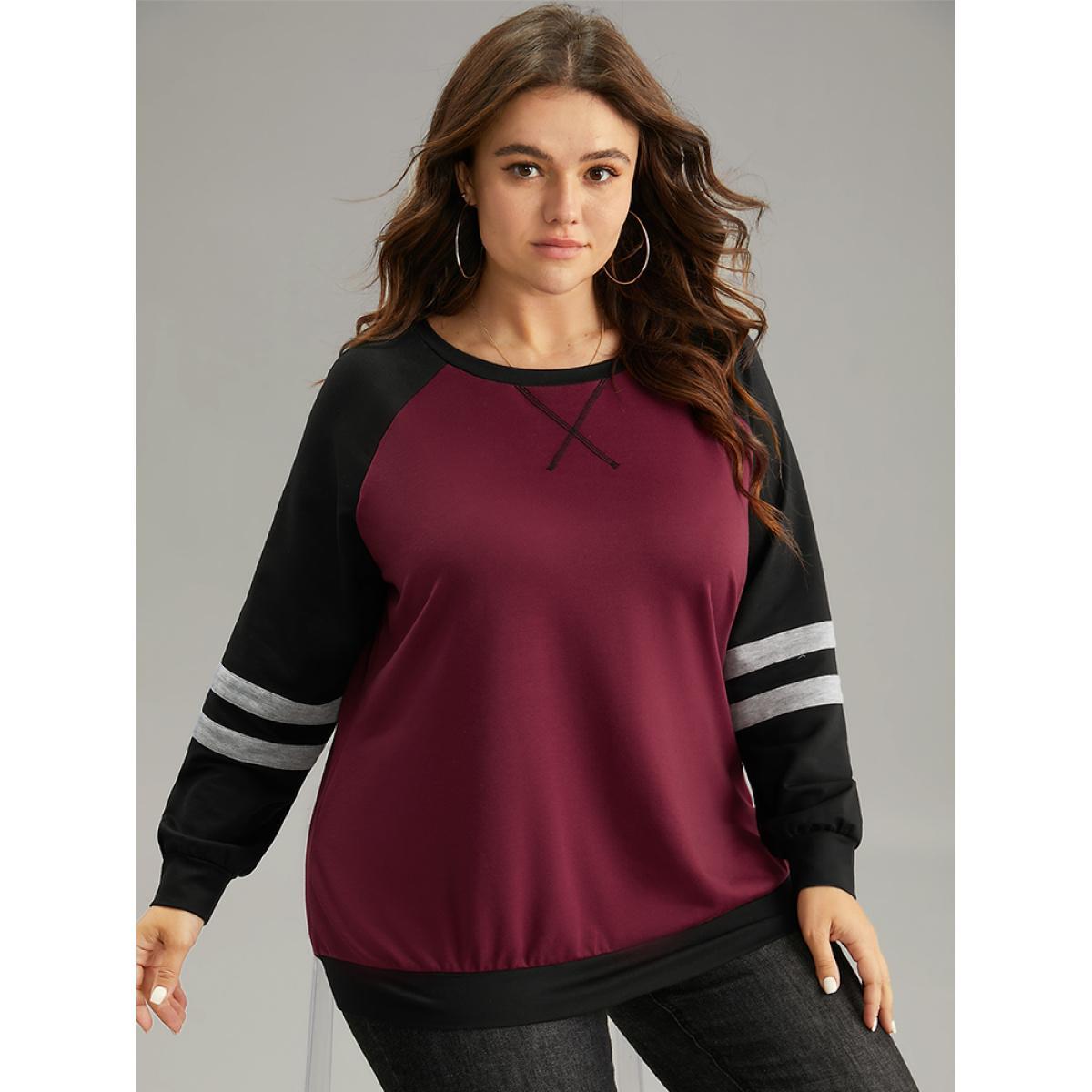 Plus Size Striped Contrast Raglan Sleeve Stitch Sweatshirt Women Burgundy Casual Contrast Round Neck Everyday Sweatshirts BloomChic 18-20/2X Product Image