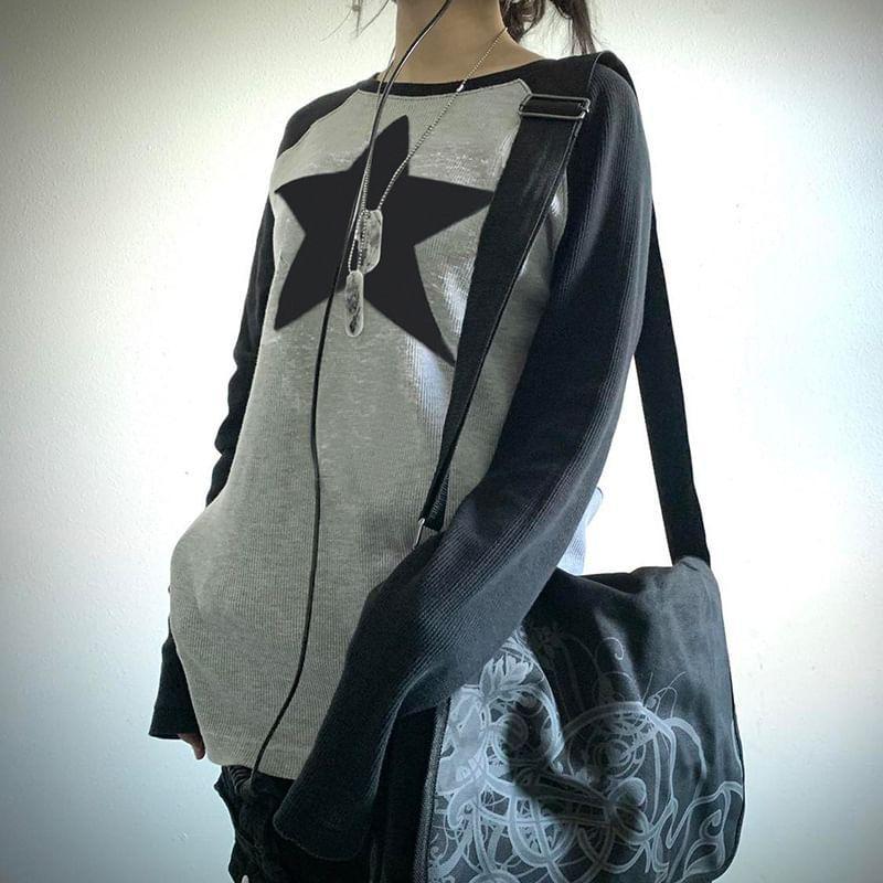 Long Sleeve Crew Neck Star Print Raglan Tee Product Image