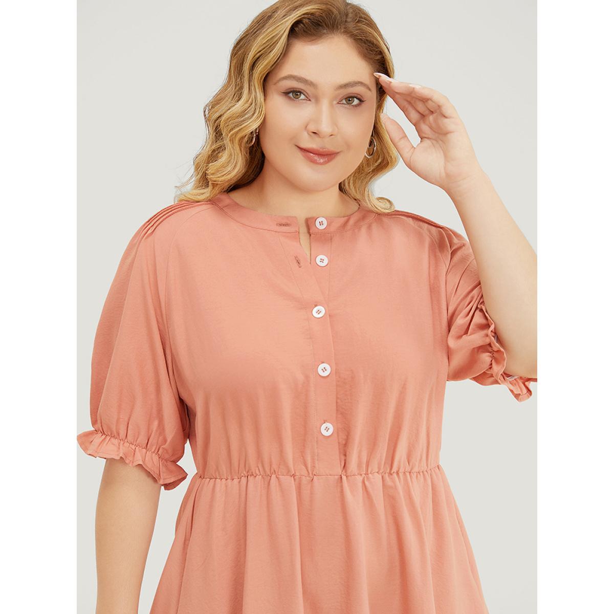 Plus Size Plain Ruffles Pocket Button Up Puff Sleeve Pleated Dress Salmon Women Office Pleated Round Neck Short sleeve Curvy Midi Dress BloomChic 30/6X Product Image