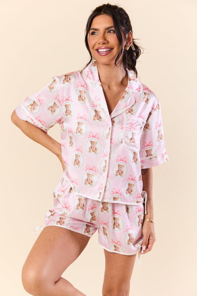 Snuggled Up Teddy Bear Printed Contrast Tie Detail Satin Short Sleeve Pajama Top Product Image