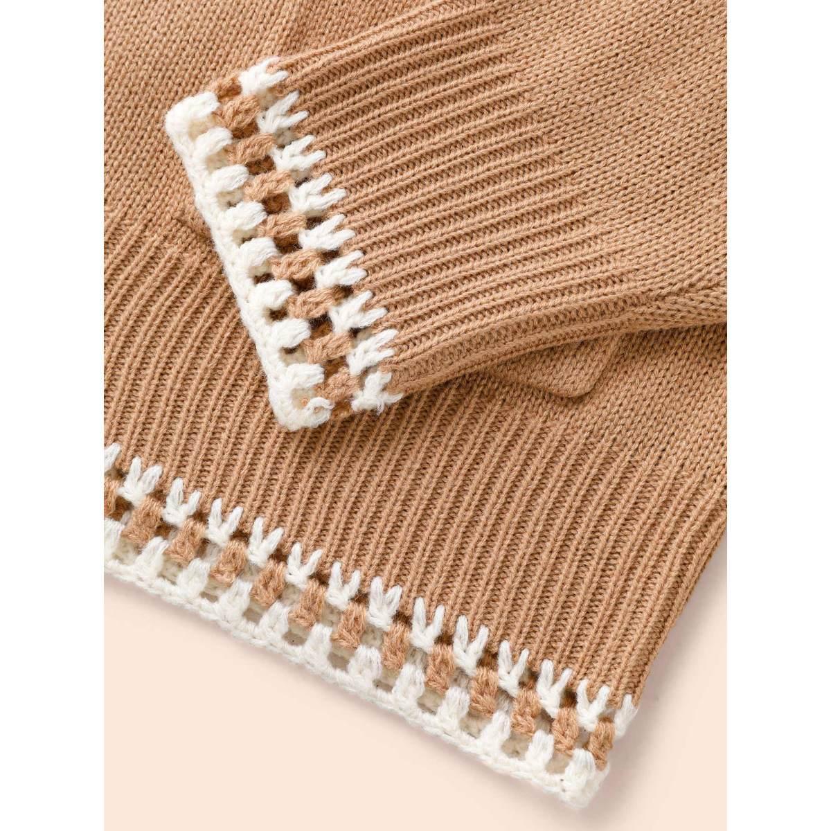 Plus Size Crochet Contrast Wool Blend Cardigan Tan Women Casual Loose Long Sleeve Everyday Cardigans BloomChic 26/4X Product Image