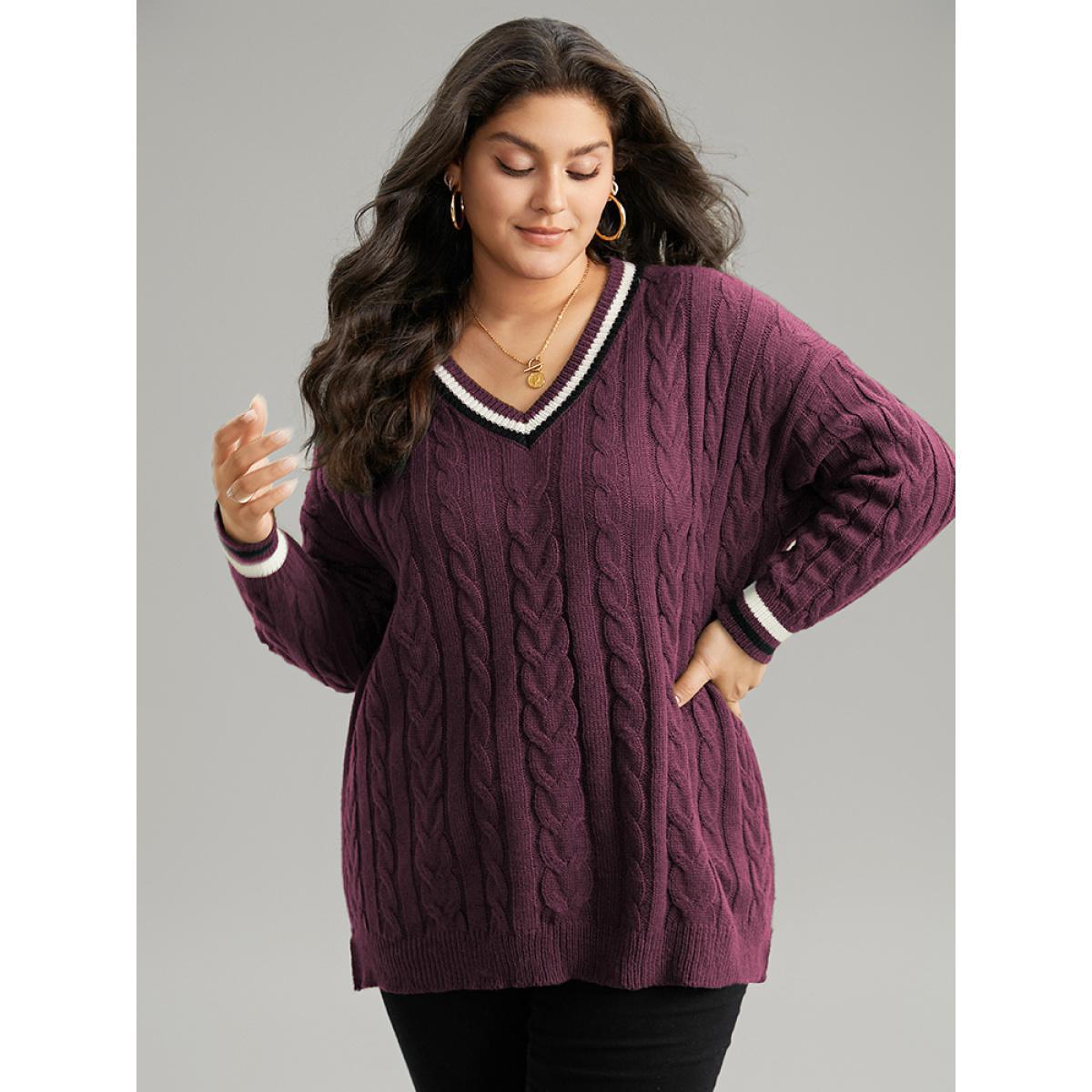 Plus Size Cable Knit Contrast Trim Drop Shoulder Pullover Burgundy Women Casual Loose Long Sleeve V-neck Dailywear Pullovers BloomChic 26/4X Product Image