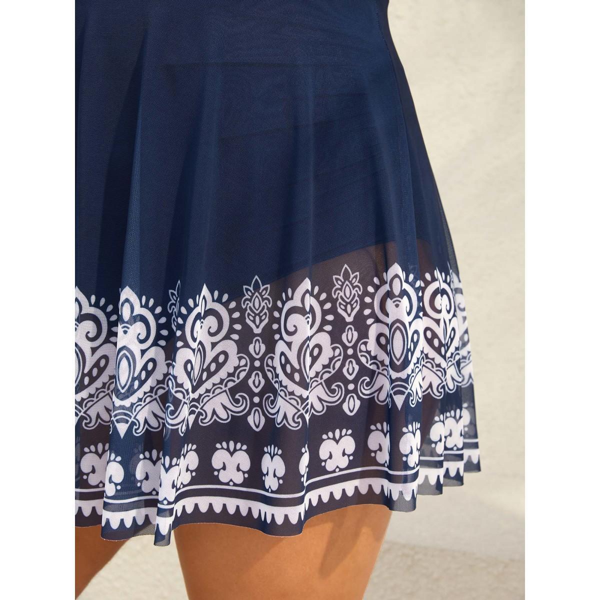 Plus Size Boho Print Mesh V-Neck Swim Dress Women's Swimwear Indigo Beach Bodycon V-neck High stretch Curve Swim Dresses BloomChic 18-20/2X Product Image