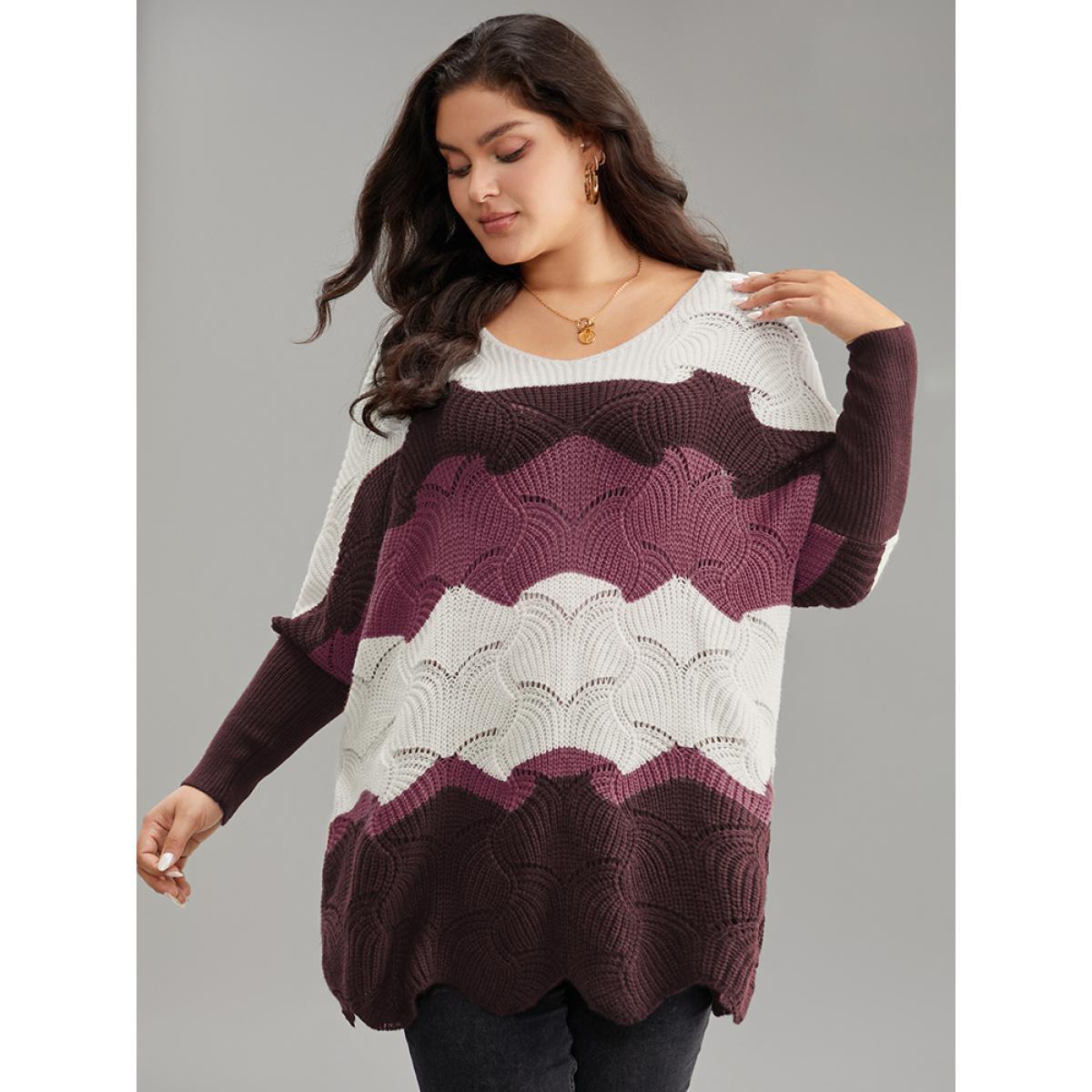 Plus Size Contrast Cut Out Batwing Sleeve Pullover RedViolet Women Casual Loose Long Sleeve V-neck Everyday Pullovers BloomChic 14-16/1X Product Image