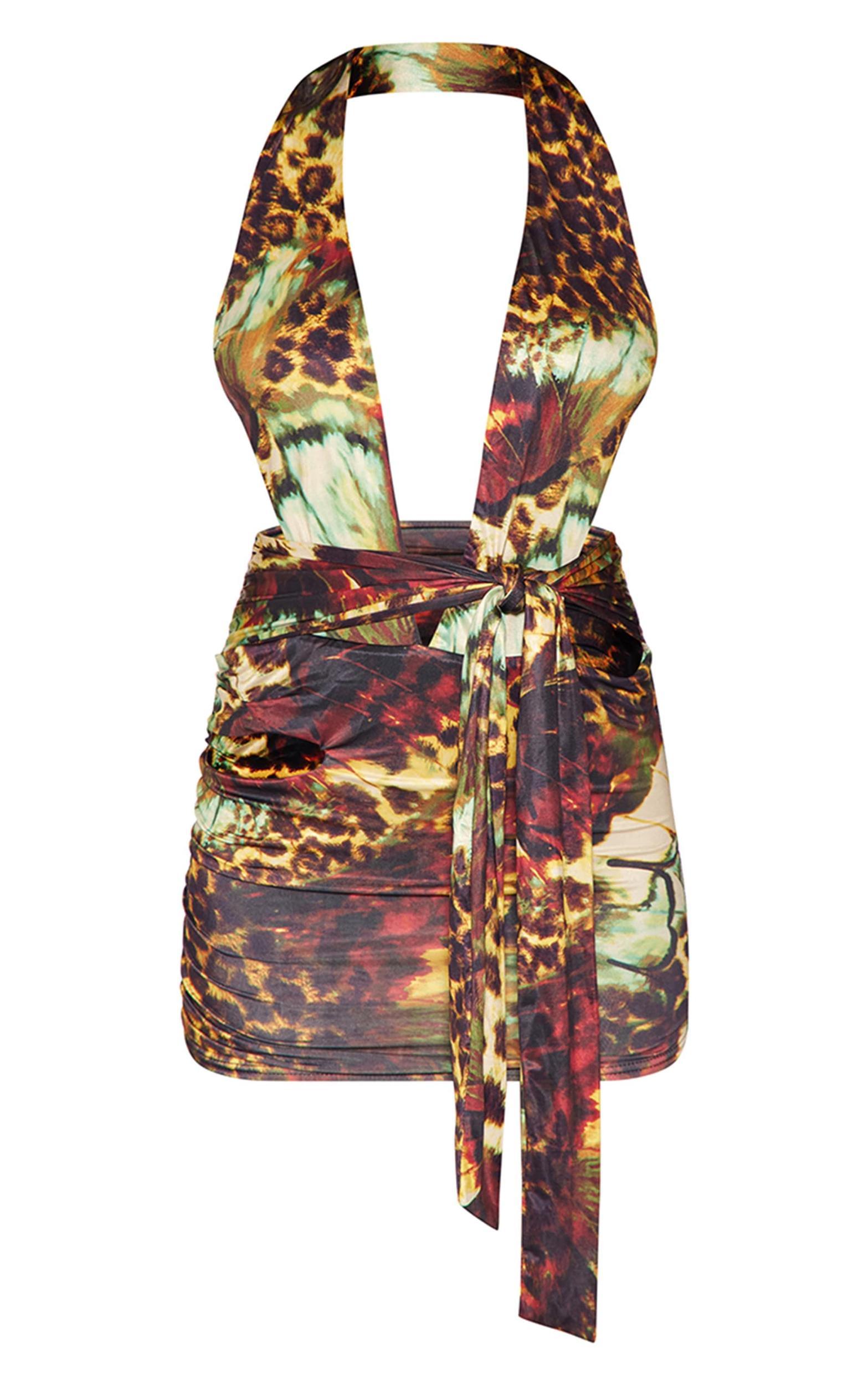 Multi Animal Print Halterneck Cut Out Bodycon Dress Product Image