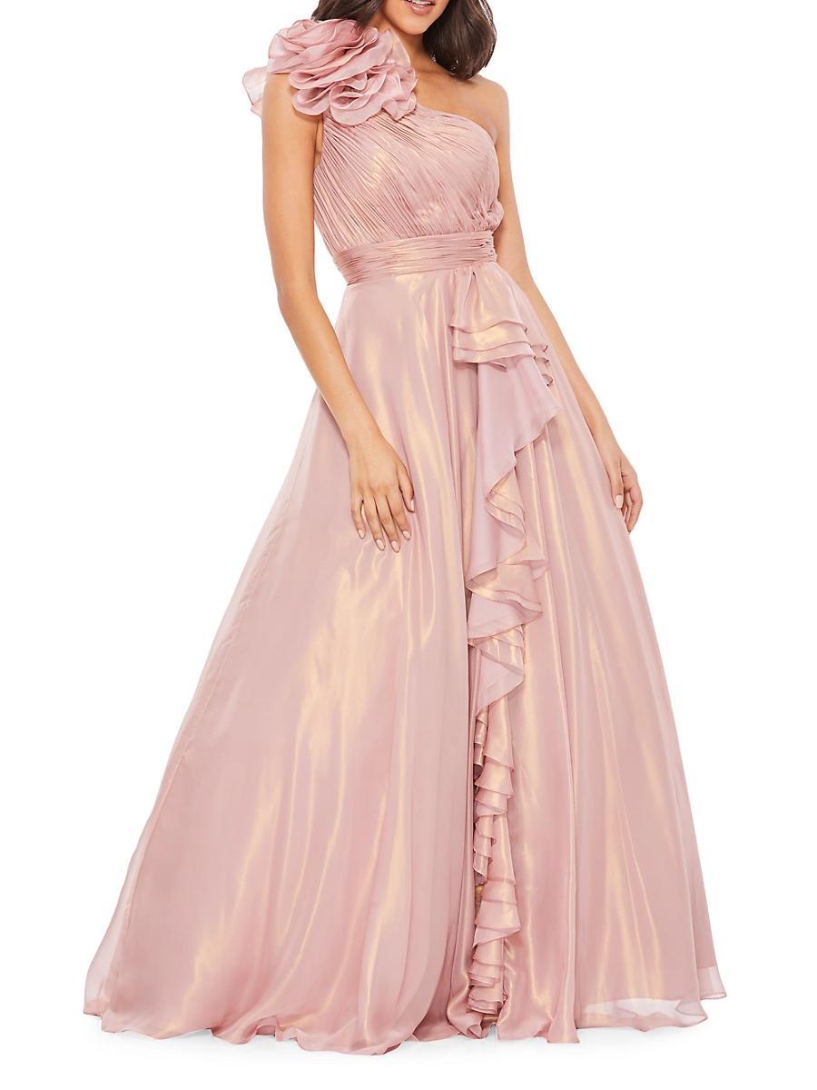 Mac Duggal Iridescent One Shoulder Rosette Ruffled Sleeveless Gown Product Image