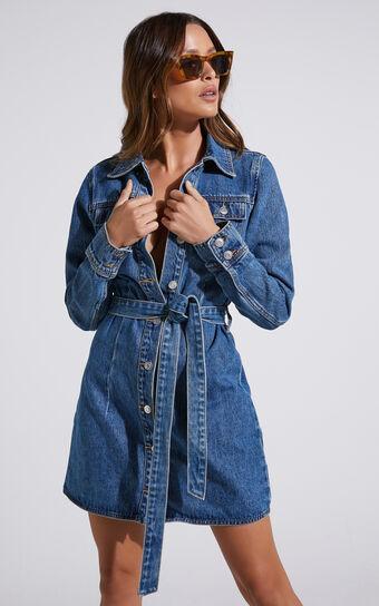 Enriquetta Mini Dress - Cotton Denim Long Sleeve Button Up Dress in Blue Product Image