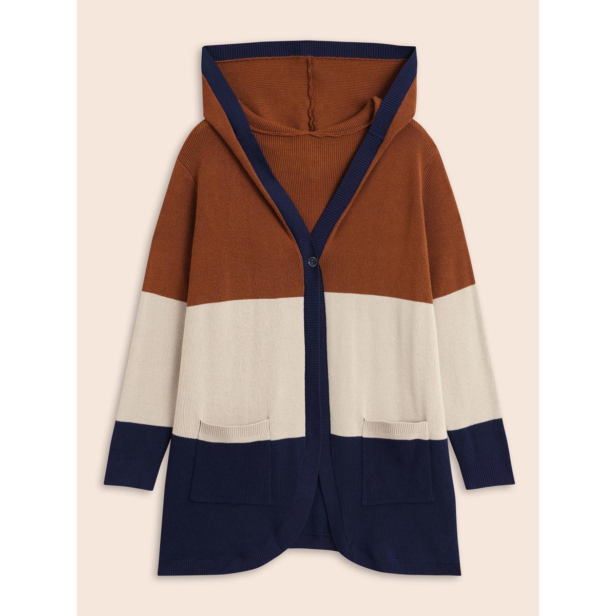 Plus Size Colorblock Contrast Patched Pocket Hooded Cardigan Browncoffeecolor Women Casual Loose Long Sleeve Everyday Cardigans BloomChic 26/4X Product Image