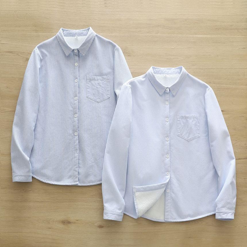 Striped Fleece-Lined Button-Up Shirt Product Image