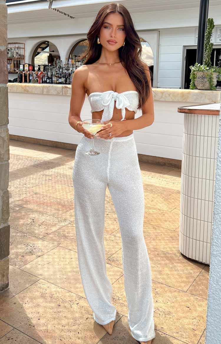 Disco White Sequin Knit Pants Product Image