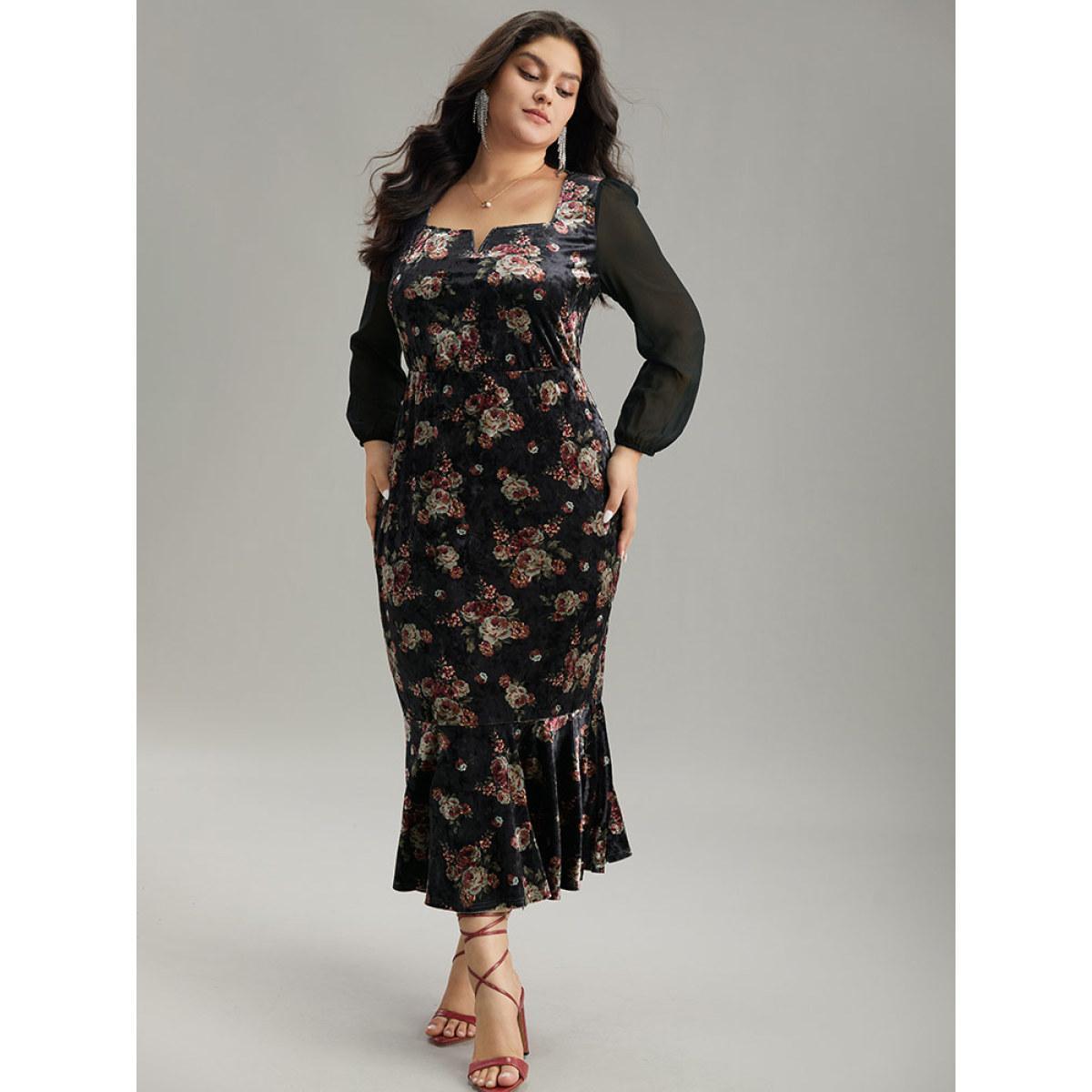 Plus Size Velvet Floral Notched Ruffles Mermaid Hem Dress Black Women Cocktail Velvet Notched collar Long Sleeve Curvy Midi Dress BloomChic 26/4X Product Image
