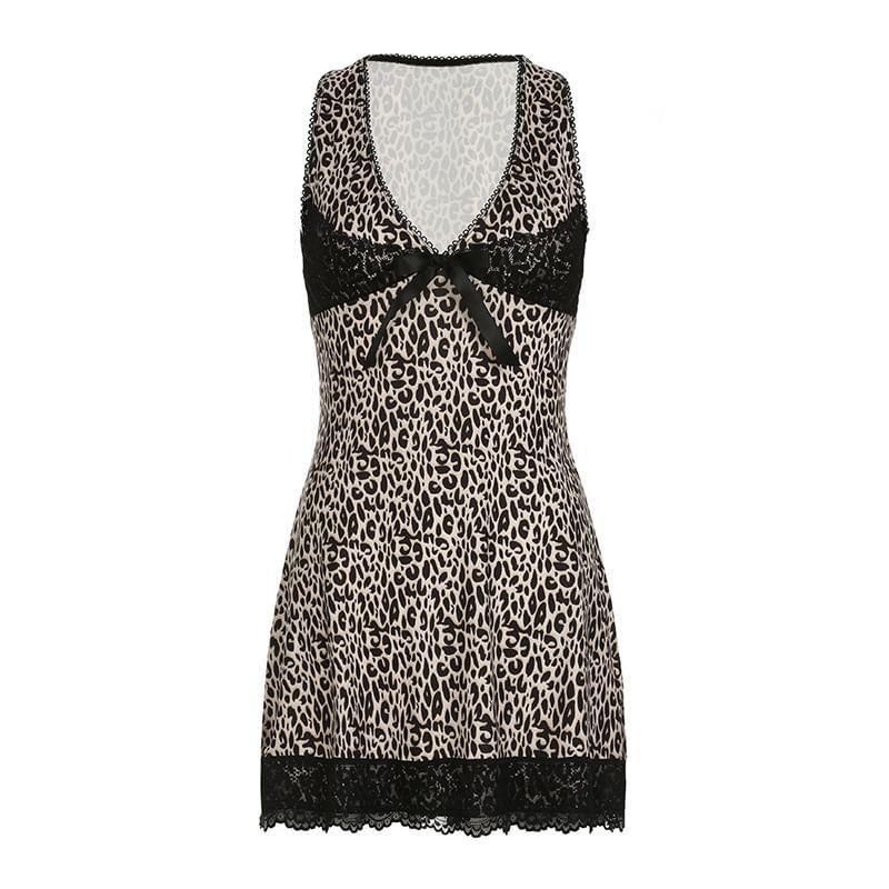 Sleeveless V-Neck Lace Panel Leopard Print Bow Accent Mini A-Line Dress Product Image
