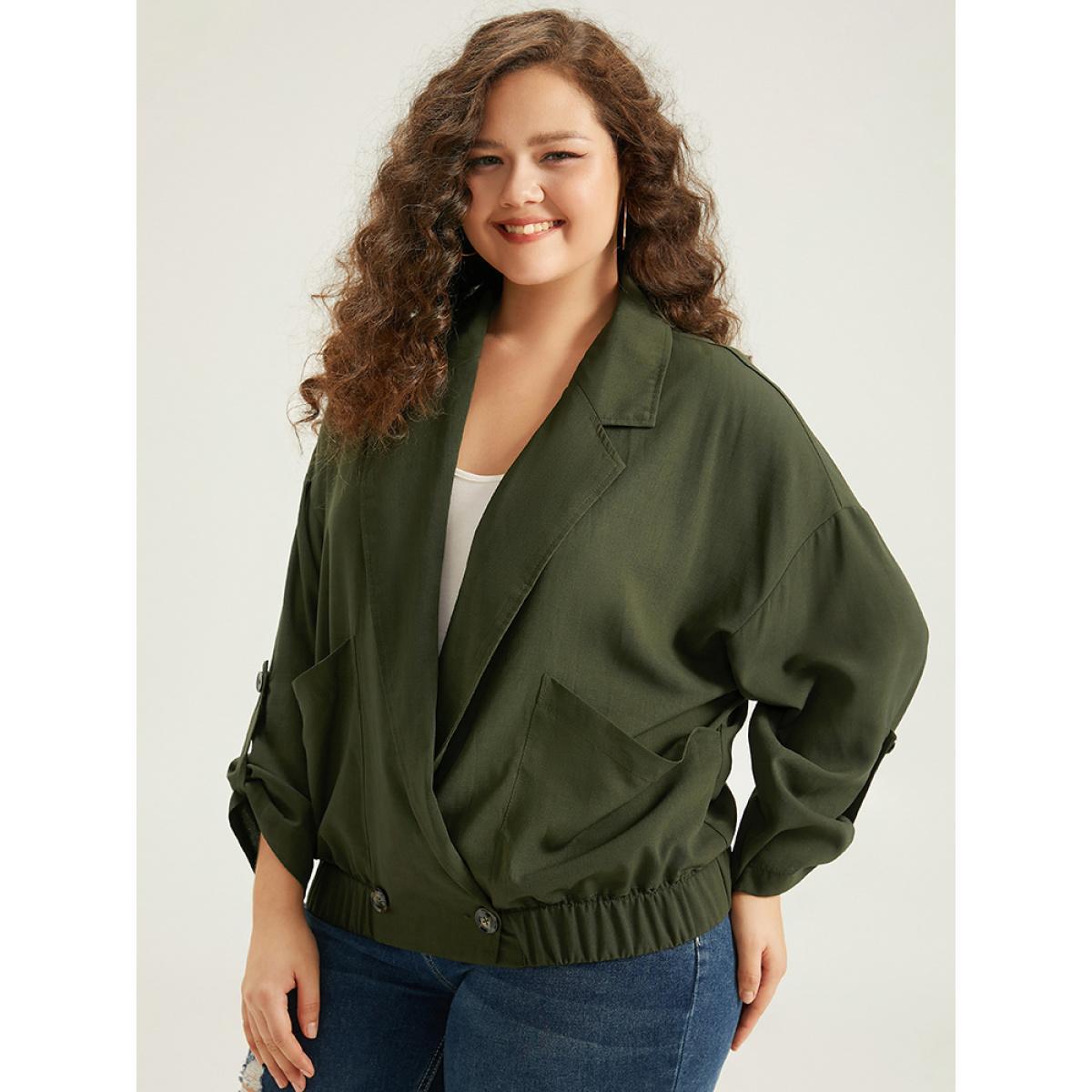 Plus Size Lapel Collar Solid Gathered Tab Sleeve Jacket Women ArmyGreen Plain Pocket Dailywear Jackets BloomChic 18-20/2X Product Image